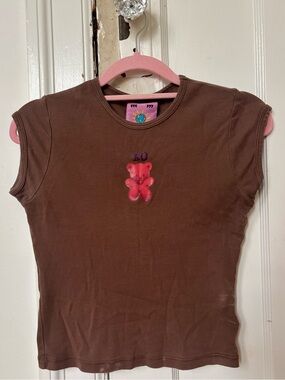 UNIF Brown Tee with Pink Bear Embroidery